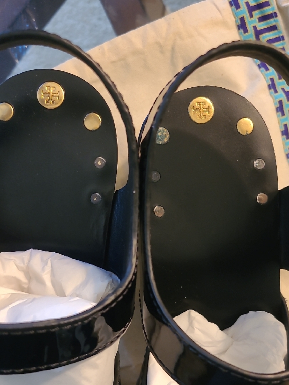 Tory Burch Black Patent Mary Jane Clogs w/Gold Stud - Picture 2 of 7